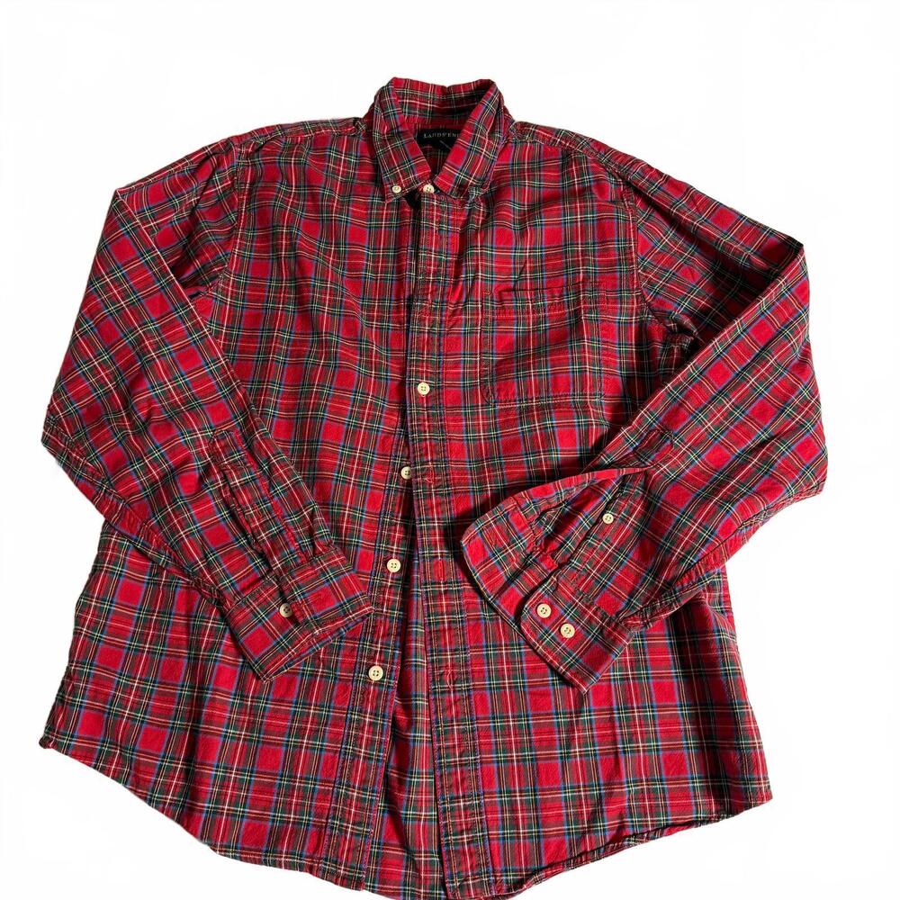 LANDS' END Mens SZ M Red Plaid Tartan Cotton Long Sleeve Button Down Preppy